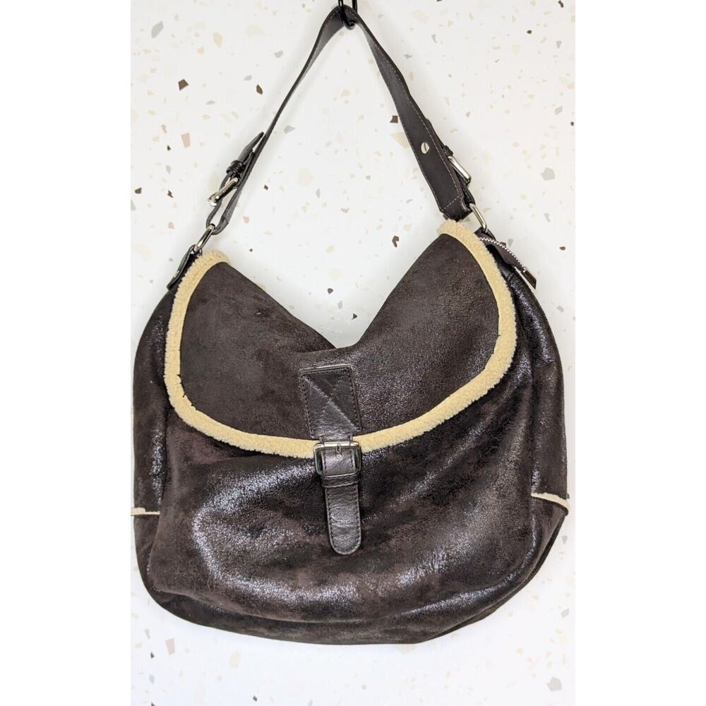 Carol J. Bag Chocolate Brown Shearling Handbag w Suede Coin Purse 250844